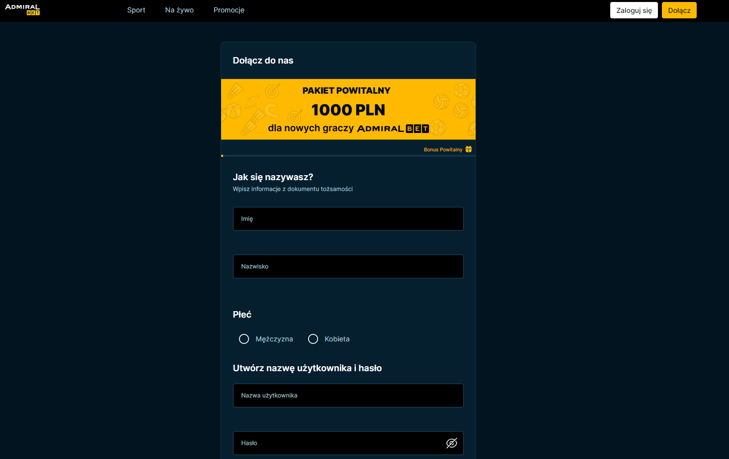 Rejestracja na stronie bukmachera