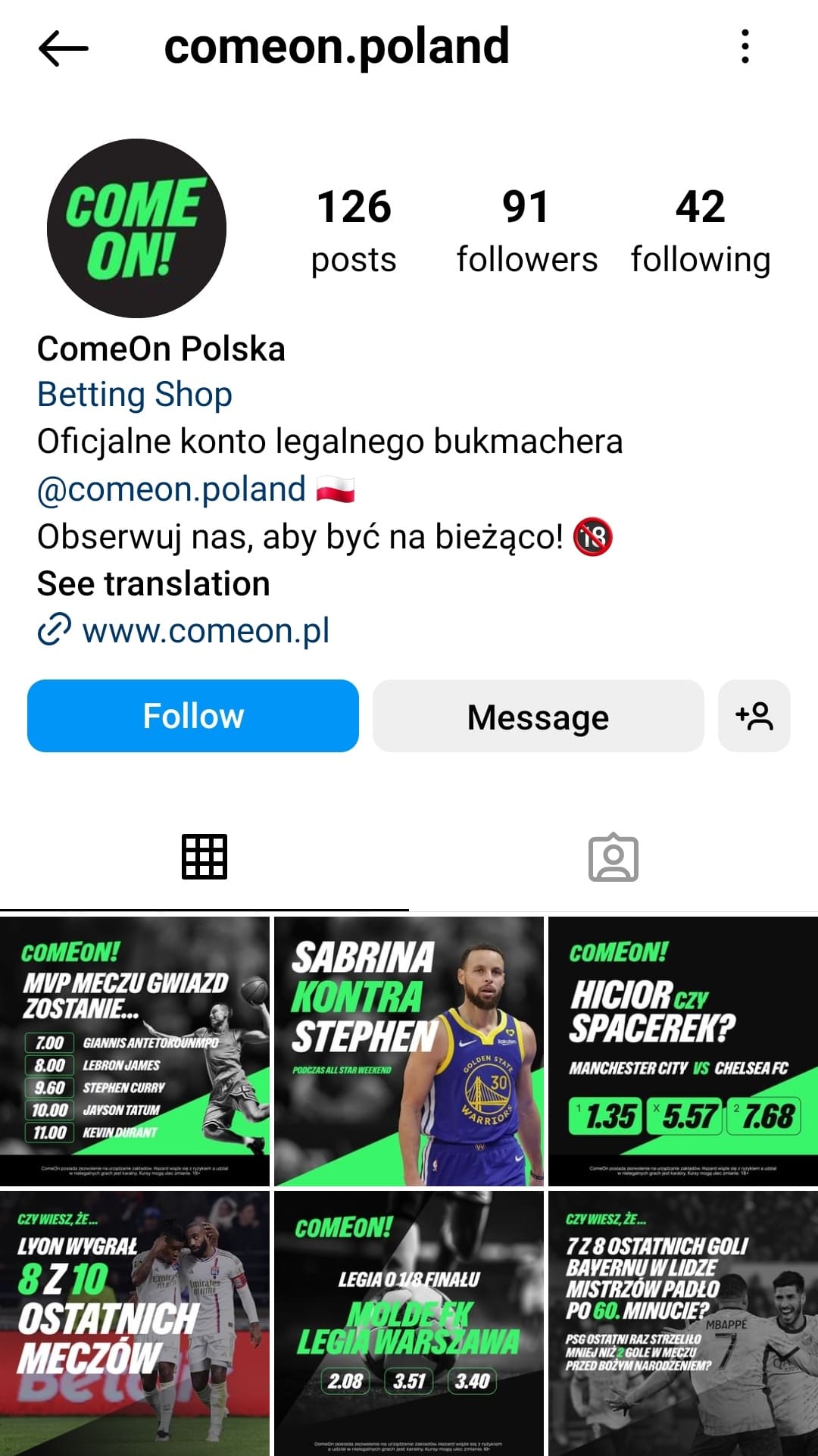 Oferty od Comeon na Instagram