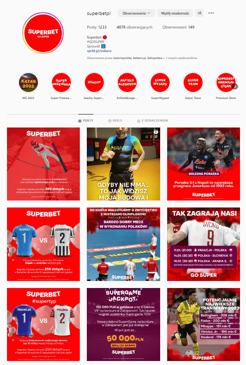 Oferty od Superbet na Instagram
